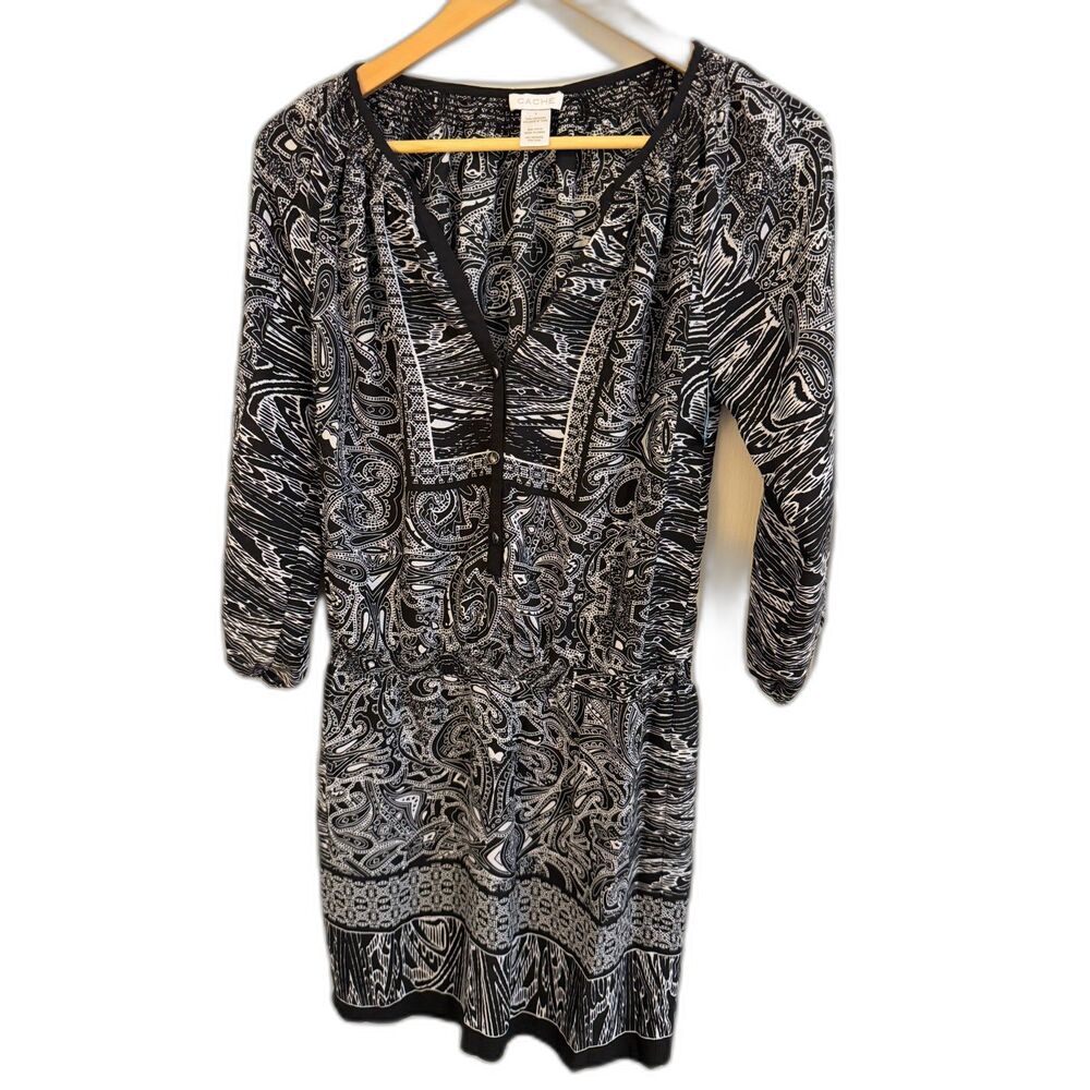 Cache Black White Paisley Print Smocked Tie Waist Shirt Dress Size S Casual BOHO
